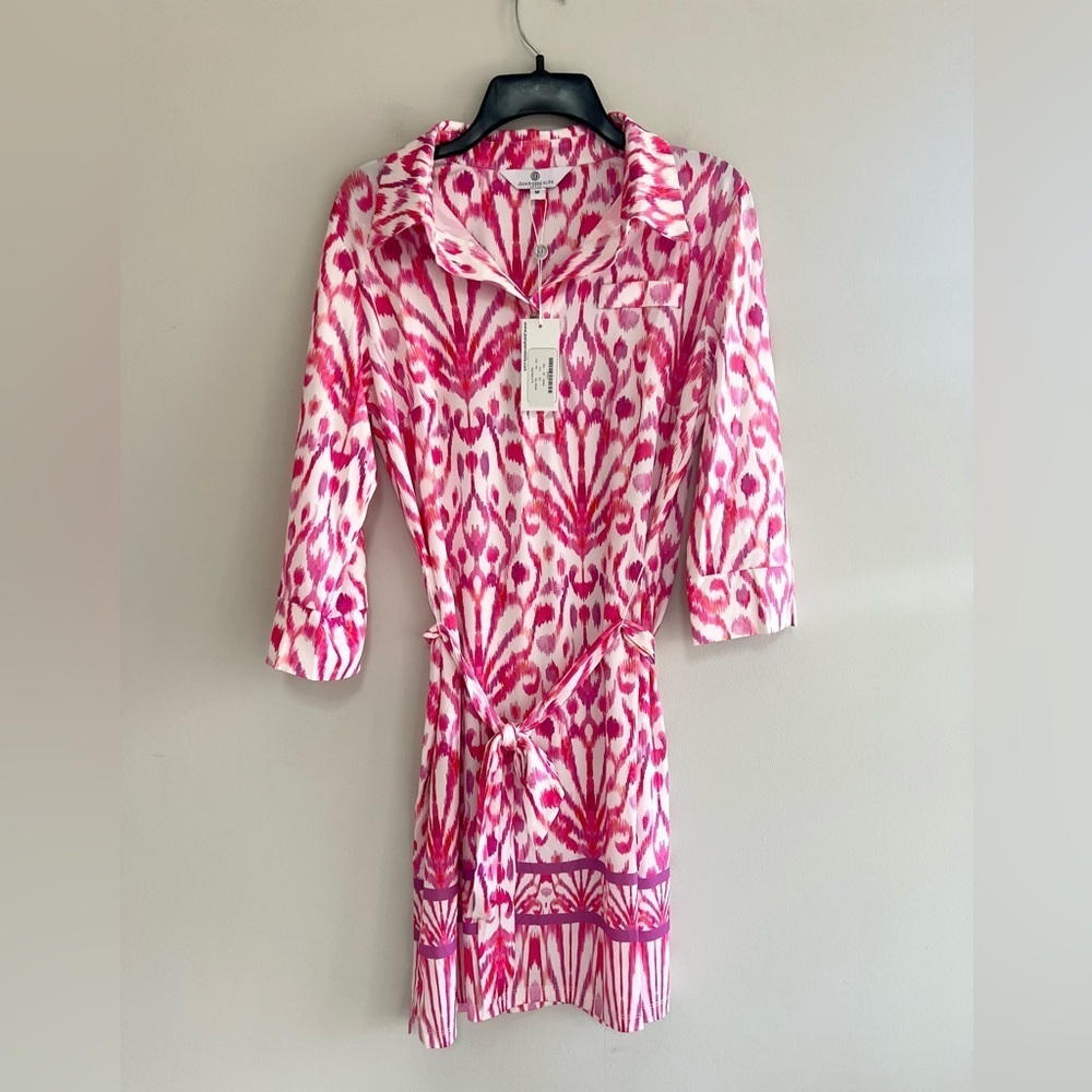 Jean-Pierre Klifa NWT Ikat Print 3/4 Sleeve Shirt Donna Belted Dress Pink Medium